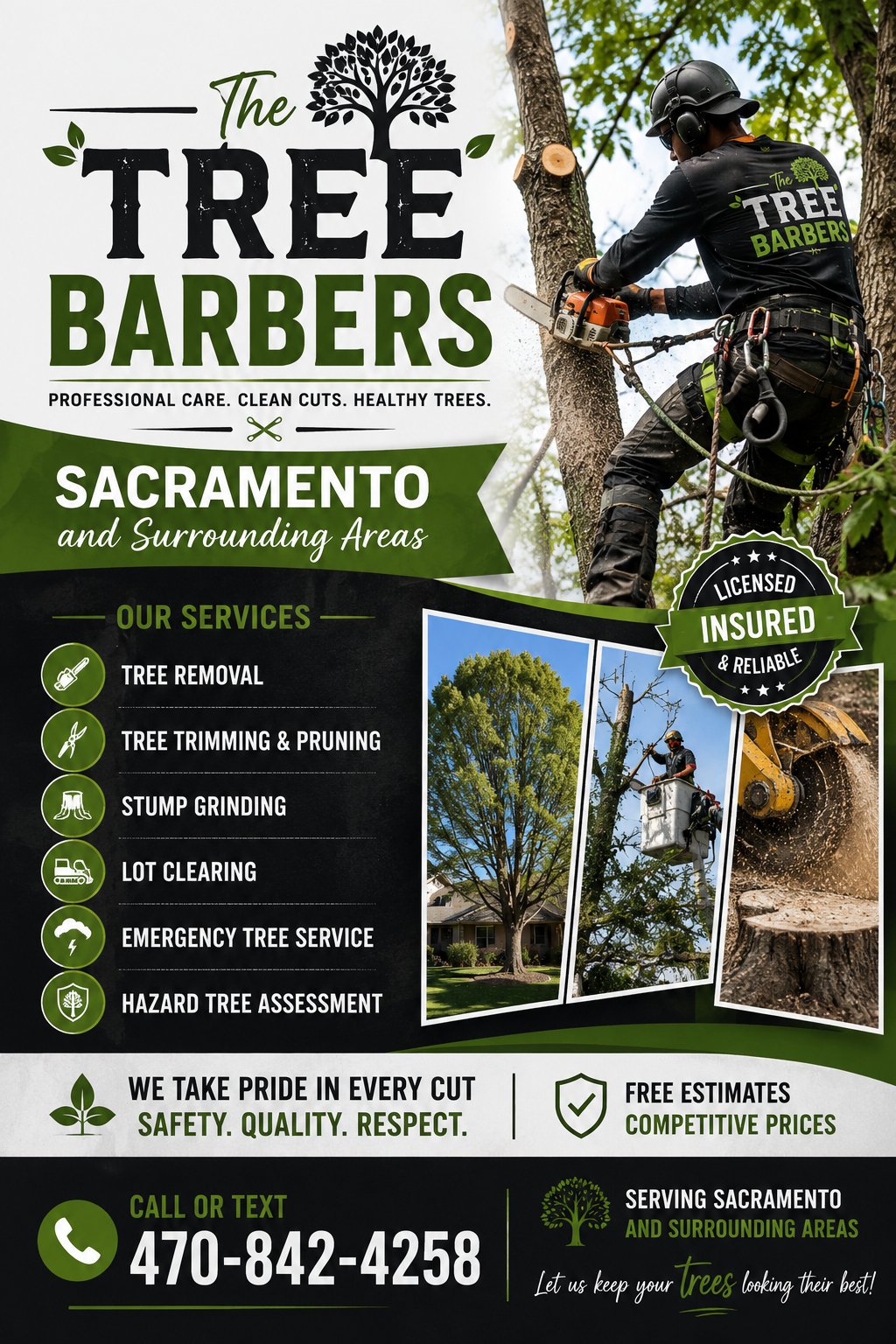 The Tree Barbers flyer showing professional tree service work